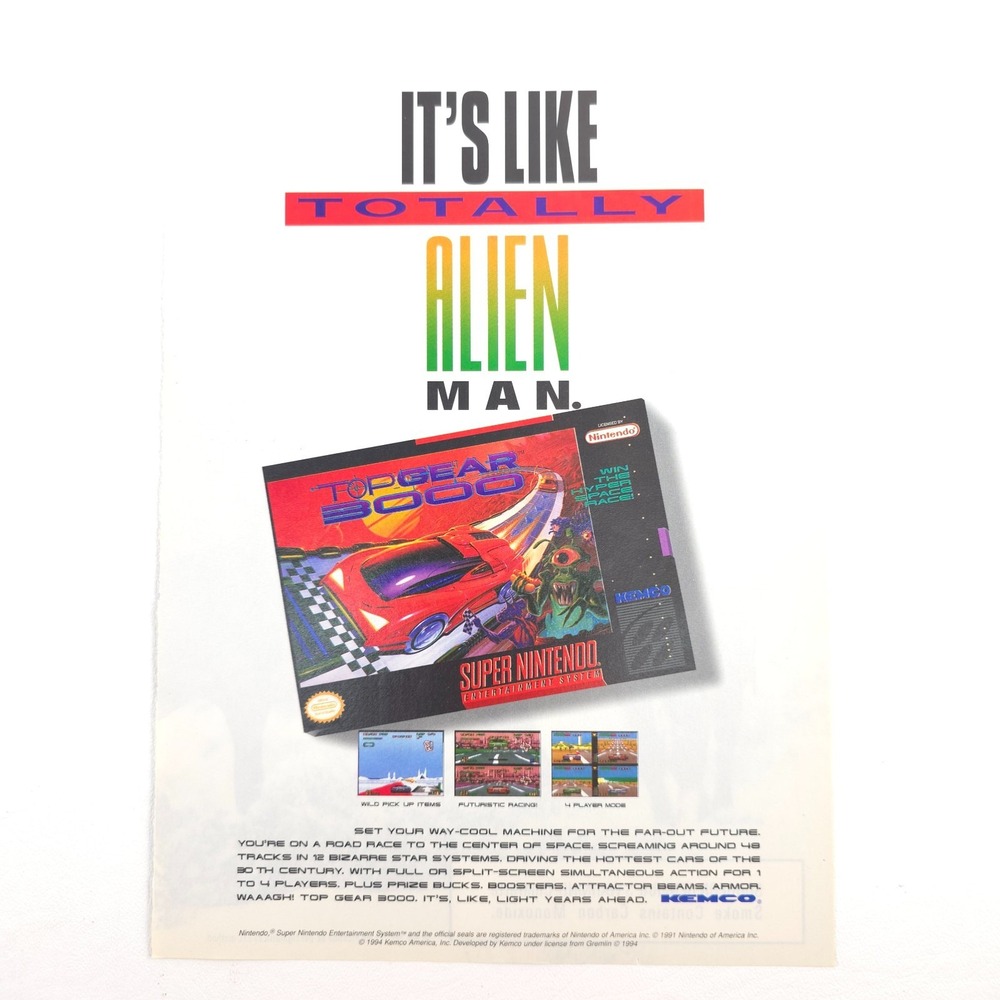 Top Gear 3000 SNES Game Ad Super Nintendo Alien Pop Culture Decor Poster